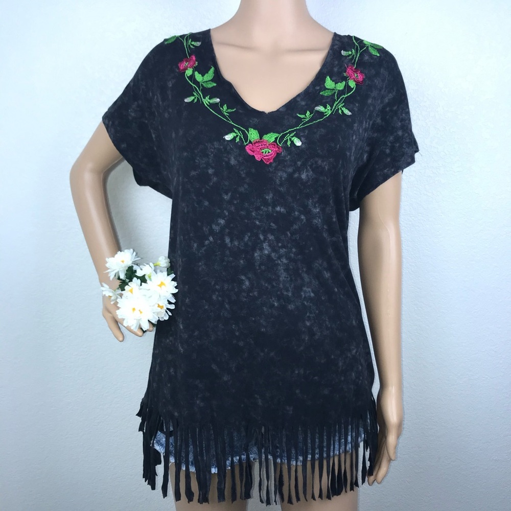 Anthro POL Acid Wash Embroidered Fringe Tee Shirt - Picture 2 of 10